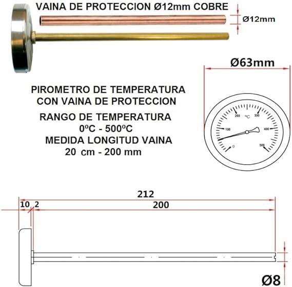 Pirómetros con vaina para horno de leña escala  500º C