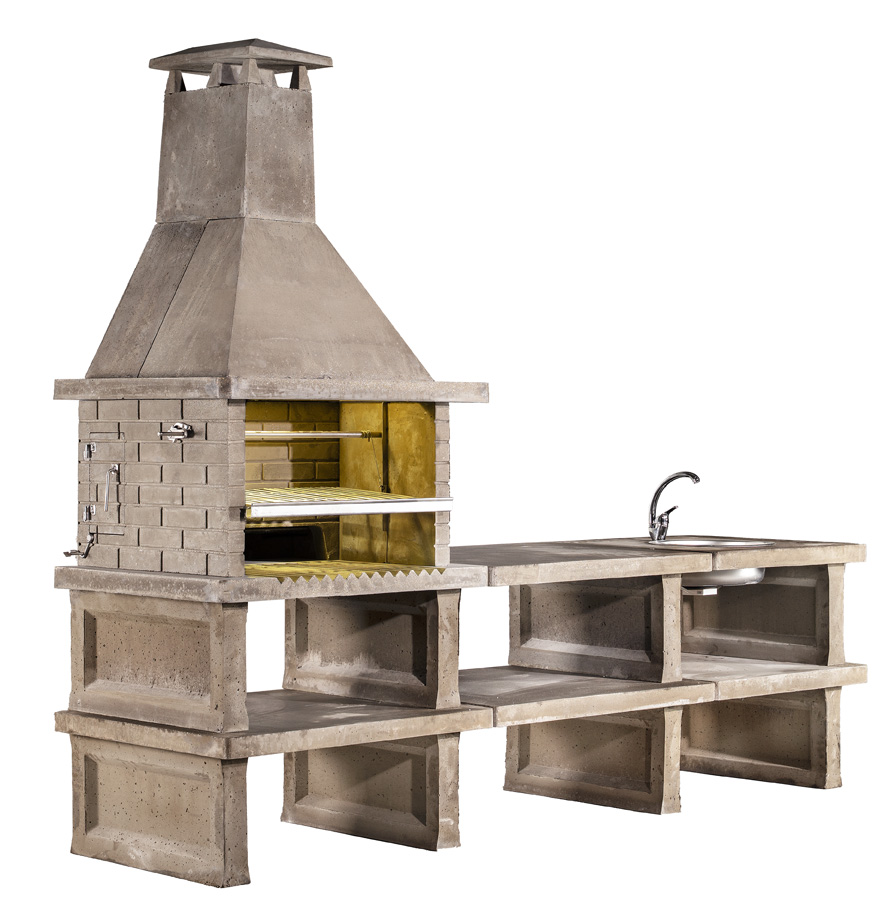 Barbacoa con mesa, fregadero y baldas